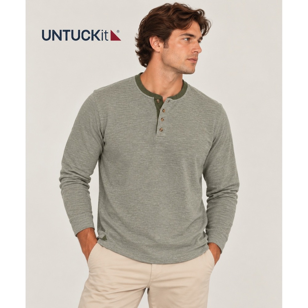 UNTUCKit Casudo Henley Shirt Mens Large Green Long Sleeve Cotton Blend 41662